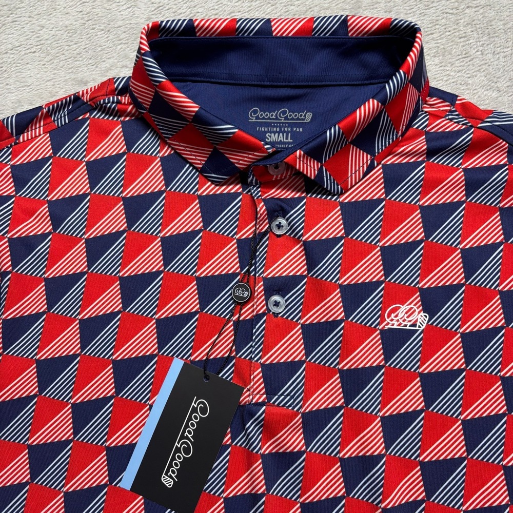 Good Good Polo Shirt "Check Me‎ Out" Geometric Short Sleeve Golf Men's Small NWT